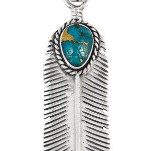 Turquoise Feather Pendant Necklace in Sterling Silver 925 & Genuine Gemstones 20